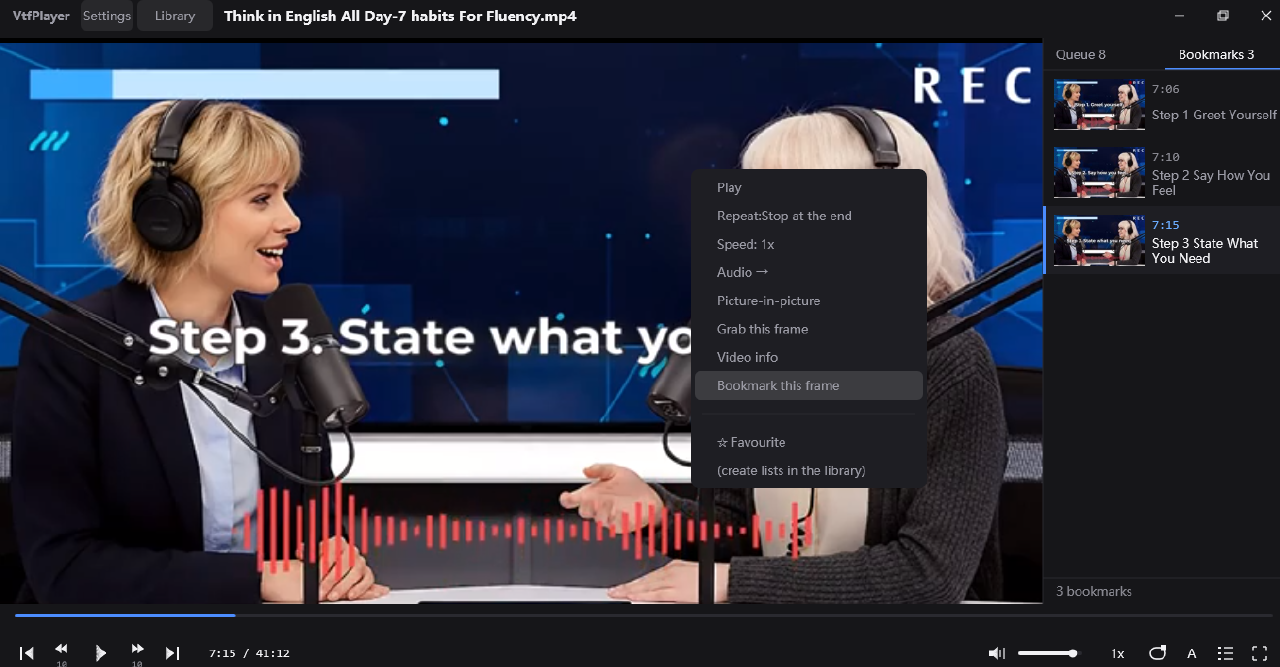 VtfPlayer playing a video: the right-click menu showing “Bookmark this frame”, and the Bookmarks panel on the right listing three saved moments